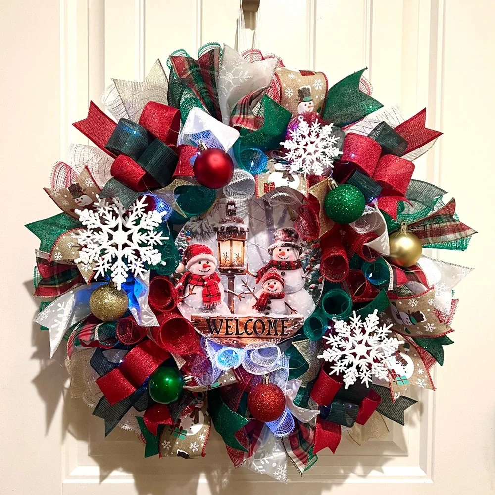 Handmade Christmas Snowman Holiday Door Wreath & Swag Bundle 22 ins W88